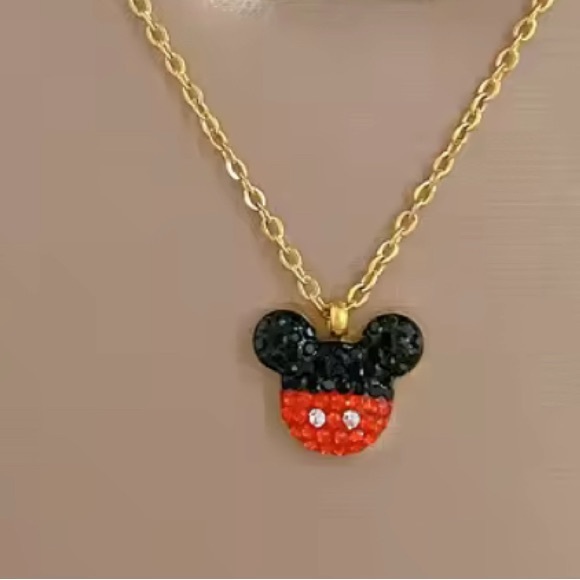 18K Gold Mickey Mouse Theme Black & Red Crystal Adorned Necklace No Fade - Picture 1 of 10